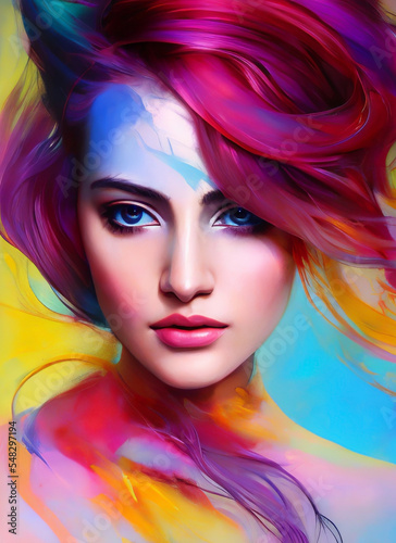 Portrait painting of a beautiful woman in multicolored tones. Abstract picture of a beautiful girl. Conceptual closeup of an painting. Beautiful woman illustration.