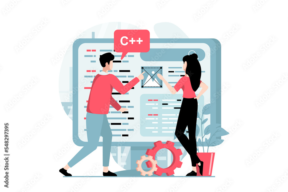 Web development concept with people scene in flat design. Woman and man discussing tasks and work on project, write code, tests and optimizes site. Illustration with character situation for web - obrazy, fototapety, plakaty 