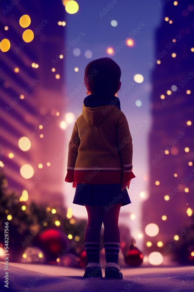 Naklejka premium AI-generated Image Of A Little Girl Looking At The Big City Christmas Lights