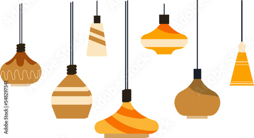 Lamp chandelier icon set, design concept hinged glow fixture device isolated on white, flat vector illustration. Different lantern lighting equipment.
