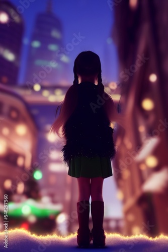 AI-generated Image Of A Little Girl Looking At The Big City Christmas Lights © Andredi