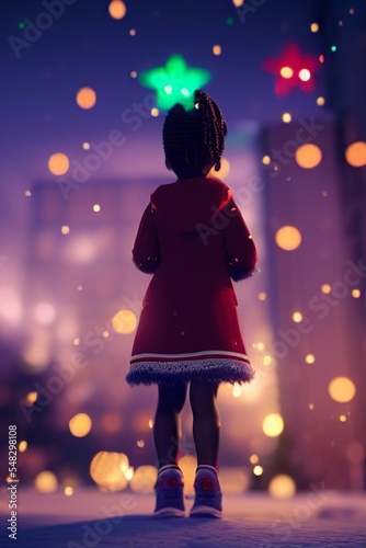 AI-generated Image Of An African-American Little Girl Looking At The Big City Christmas Lights