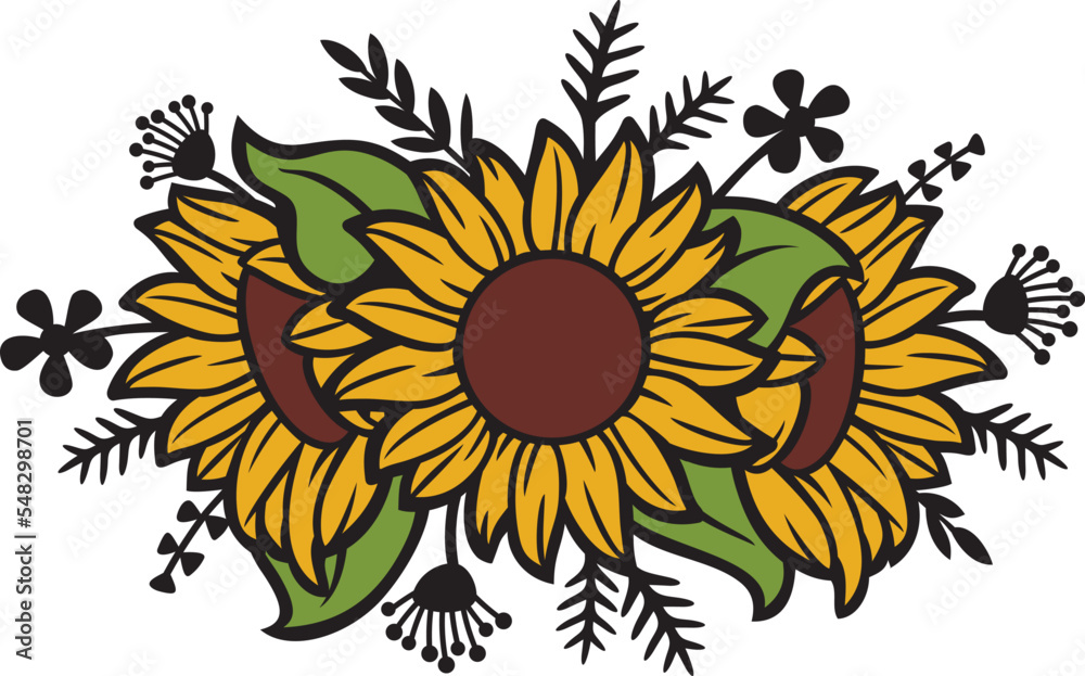Fototapeta premium Floral Sunflowers and Plants. (Flower bouquet). Vector Illustration.