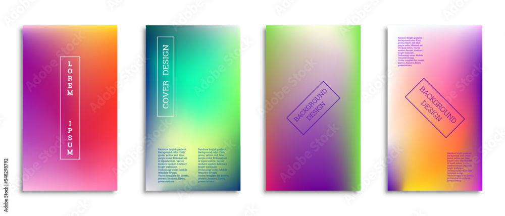 Bright gradient background for the cover. Set of 4 covers. Creative modern vector illustration. Holographic spectrum. Bright gradient background for the cover. Set of 4 covers. Creative modern vector illustration. Holographic spectrum.
