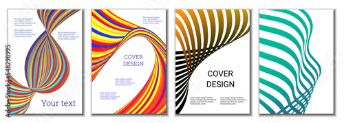A set of 4 abstract covers. Wavy parallel gradient lines, ribbons evolve. Cover design, background. Trendy banner, poster.