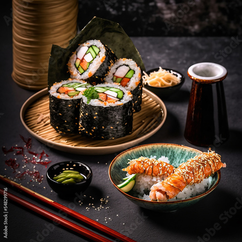 Luxurious set design with sushi, sashimi and Japanese food photo