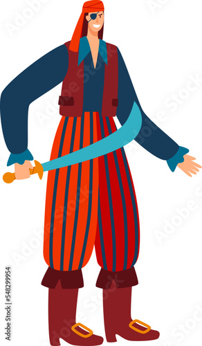 Pirate character male in bandana, traditional costume ocean bandit hold eastern sabre isolated on white, cartoon vector illustration.