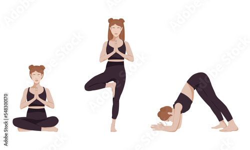 Set of poses woman yoga. Collection of female cartoon yoga positions isolated on white background.