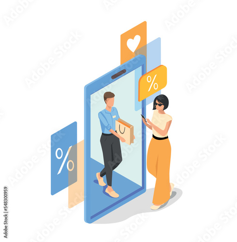 Vector illustration of a mobile application of an online store in isometry. The girl makes an order through a mobile application with a discount, and the seller gives the goods over to the phone.