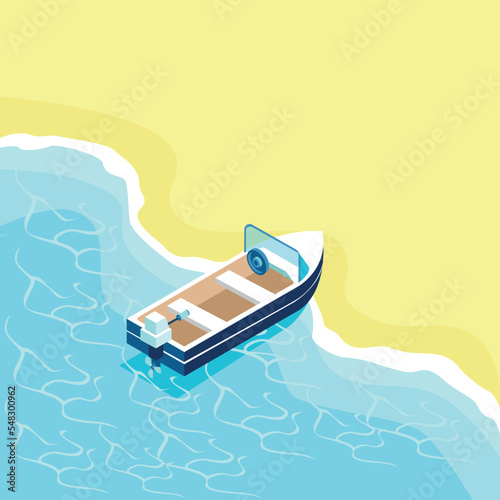 Isometric motorboat on the beach and sea with clear water. Vector illustration of summer recreation and entertainment. Colorful image of summer fun.