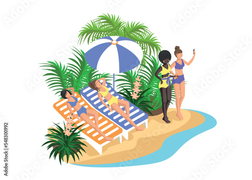 Isometric background beach with people who sunbathe on sun loungers, go swimming with a surfboard, girls take selfies, people sunbathe and relax. Vector illustration. Summer vacation on the beach.