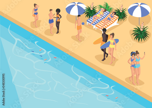 Isometric background beach with people who sunbathe on sun loungers, go swimming with a surfboard, girls take selfies, people sunbathe and relax. Vector illustration. Summer vacation on the beach.