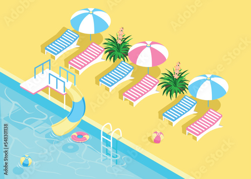 Isometric swimming pool with a staircase and clear water. Summer vacation by the pool. Colorful image of summer fun. 