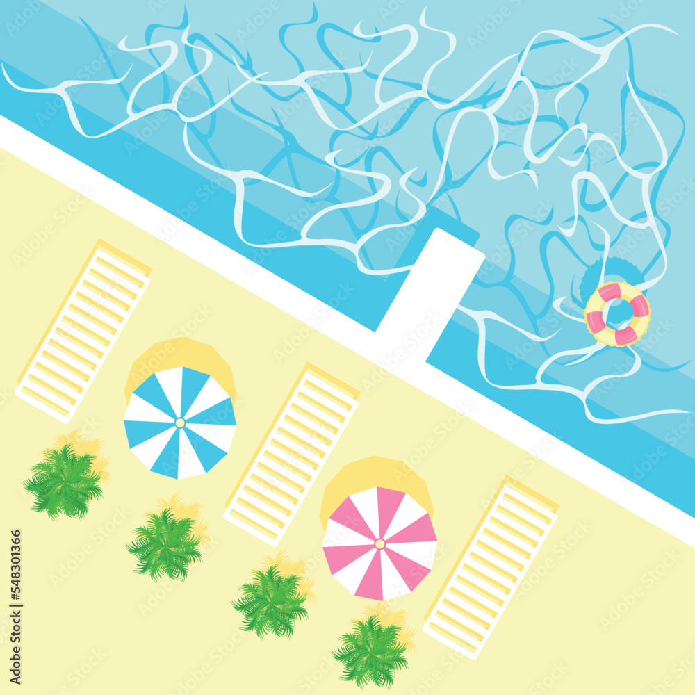 Swimming pool with clear water aerial view. Summer relaxation by the pool. A colorful image of summer fun. Vector background.