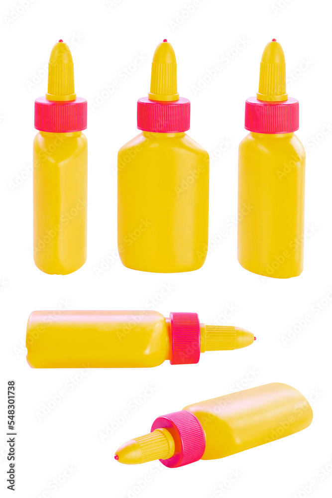 Set of yellow glue bottles from all angles isolated