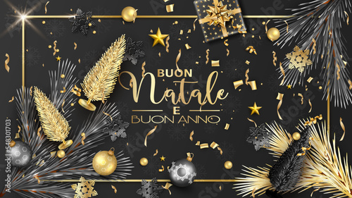 biglietto o striscione per augurare Buon Natale e Felice Anno Nuovo in oro in un rettangolo su sfondo nero con abeti, regali, rami di abete, palla, stella, stelle filanti in oro e nero e grigio