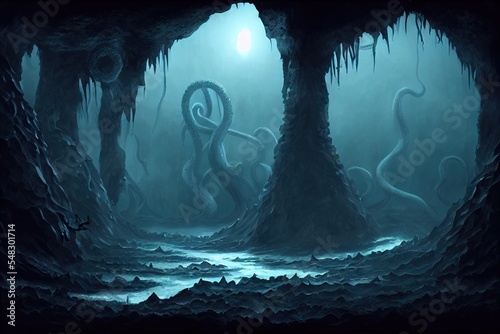Leinwand Poster Fantasy tentacles of monster in sea underwater cave