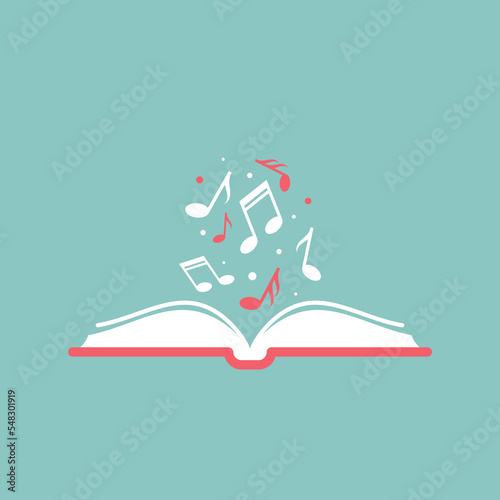 Audio book logo. Red opened book with music note on pouder blue background. Flat vector illustration. Internet education online logo. Study, learn online concept. Listen audio book. photo