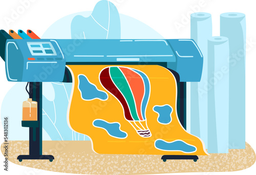 Photoplotter printing machine, professional ink plotter office advertisement isolated on white, flat vector illustration. Equipment for copies.