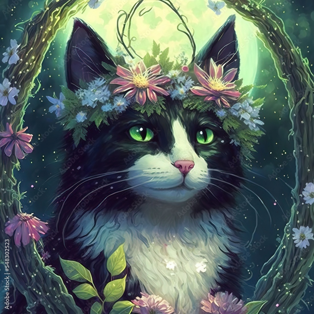 Fantasy Cat with Floral Elements · Creative Fabrica