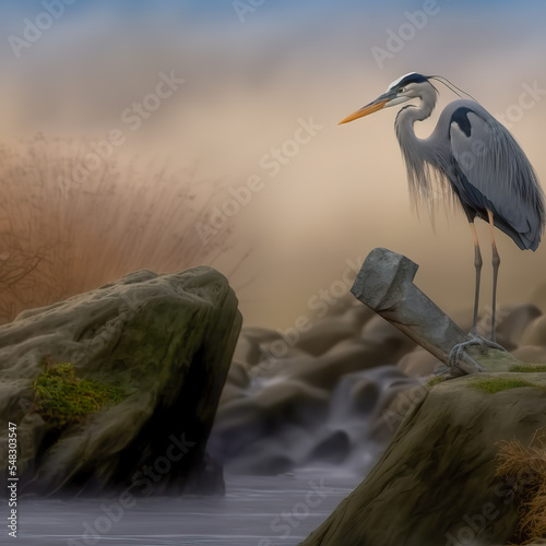 great heron fishing patiently by the stream