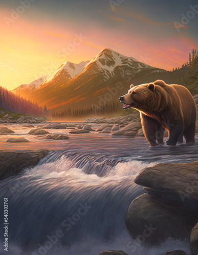 Brown bear in the Columbia river in Canada waiting for the salmon