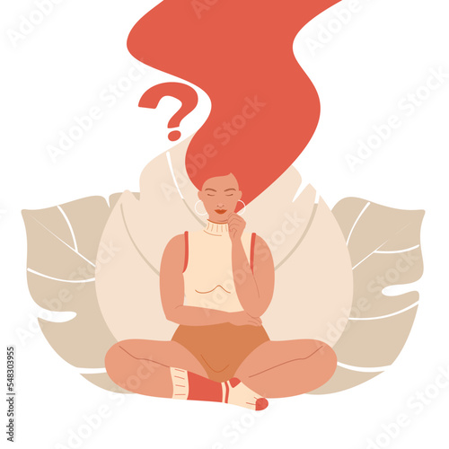 Concept with a thinking woman with a question mark. Problem solving vector flat illustration.