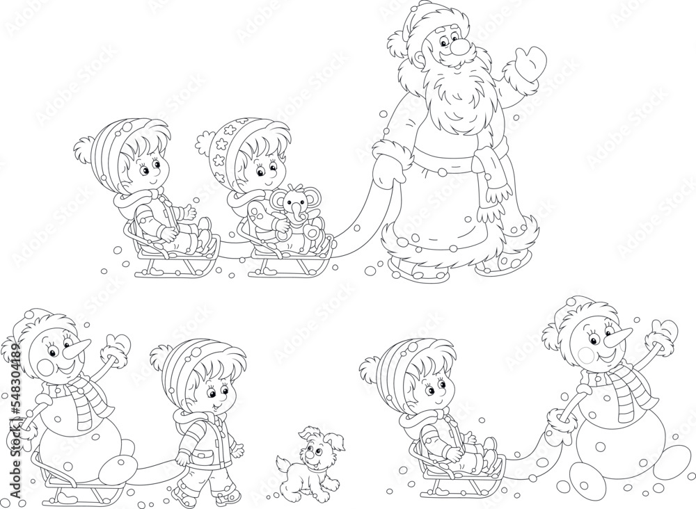 Vector black and white cartoon set of sledding Santa Claus, a funny toy snowman and happy little kids with a merry small pup playing in a snowy park on winter vacation Vector black and white cartoon set of sledding Santa Claus, a funny toy snowman and happy little kids with a merry small pup playing in a snowy park on winter vacation