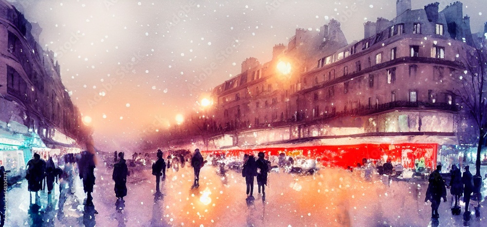 AI-generated Image Of A Busy Street In Paris In Winter. Watercolor Landscape