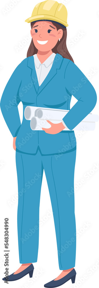 Female architect semi flat color raster character. Standing figure. Full body person on white. Gender equality in workplace simple cartoon style illustration for web graphic design and animation Female architect semi flat color raster character. Standing figure. Full body person on white. Gender equality in workplace simple cartoon style illustration for web graphic design and animation