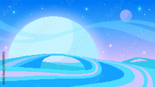 Cartoon planets and stars background in pixel art style