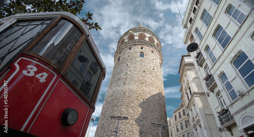 Street Car in front of Galata Tower in Istanbul photo