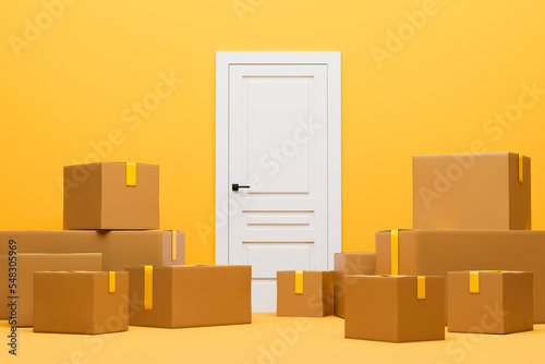 Delivery of parcels in boxes to door. 3d rendering