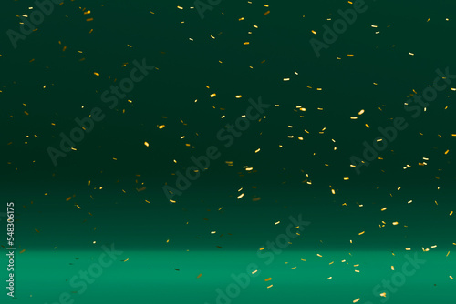 Gold confetti on green christmas background. 3d rendering.