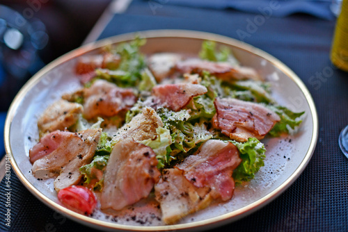 Salad with bacon. Salad - a cold dish consisting of one type or a mixture of different types of combined chopped products in a dressing.
