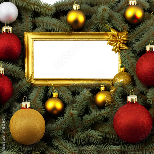 White canvas with frame on Christmas pine tree with golden ornaments. Gold frame for photographs among garlands white and transparent background. Living room interior decorated for Chistmas