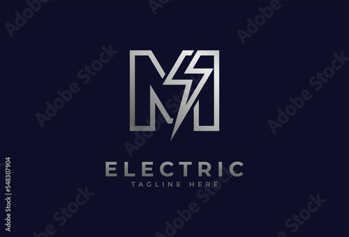 Electric Logo, letter M with thunder bolt combination, electric design logo template, vector illustration