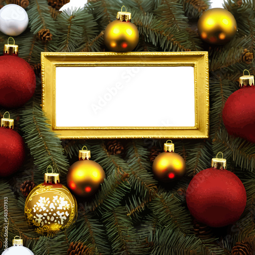 White canvas with frame on Christmas pine tree with golden ornaments. Gold frame for photographs among garlands white and transparent background. Living room interior decorated for Chistmas