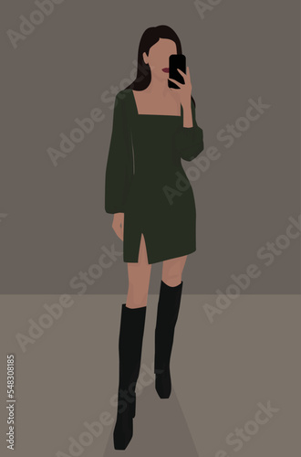 Vector flat image of a young girl with phones. A lady with dark hair in a short green dress and long black boots. Design for cards, avatars, posters, backgrounds, templates, banners.