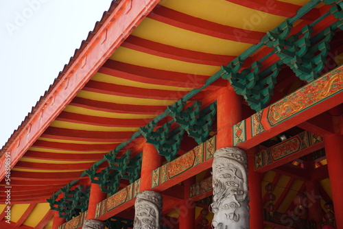 Semarang, Indonesia - Nov 9, 2019: Semarang food festival, details of statue and buildings at Sam Poo Kong Temple.