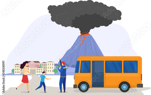 Natural disaster cloud eruption volcano evacuation, rescue save people population from catastrophe city isolated on white, cartoon vector illustration.