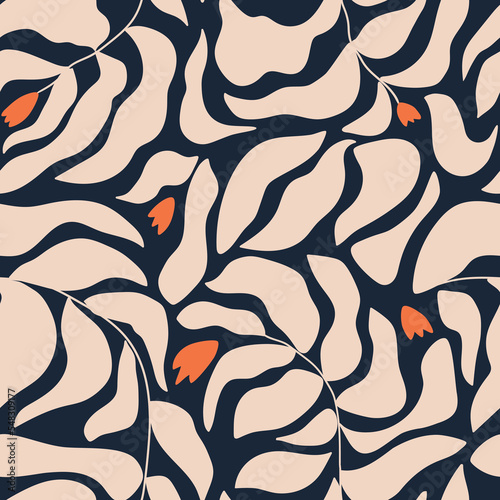 Matisse inspired abstract contemporary leaves shape seamless pattern hand drawn on dark navy blue background. Vector floral Henri Matisse style illustration for textile design, fabric wallpaper print