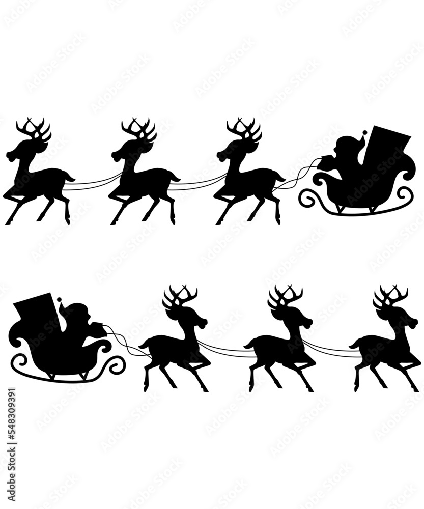 Silhouette Santa and Reindeer Flying 