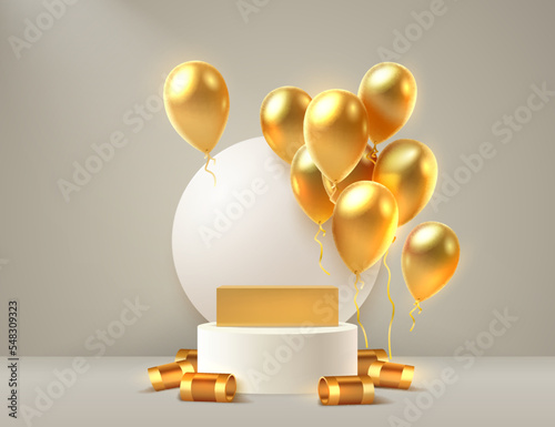 Balloon golden podium present, celebrate happy birthday, gold platform banner. Vector illustration