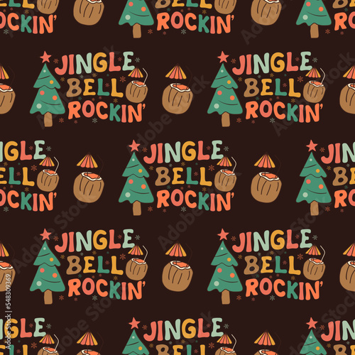 Retro Groovy Christmas seamless pattern with . Cute Holidays background. Wrapping design. Stock vector