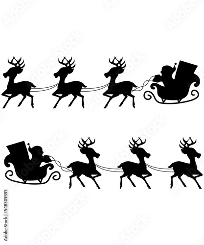 Silhouette Santa and Reindeer Flying 