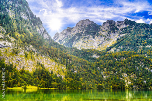 Koenigssee lake with Alp mountains, Konigsee, Berchtesgaden National Park, Bavaria, Germany