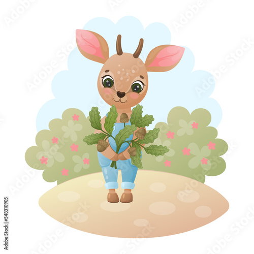 Cute antelope baby with oak twigs and acorns. Bambi. Vector children illustration. Cartoon style.