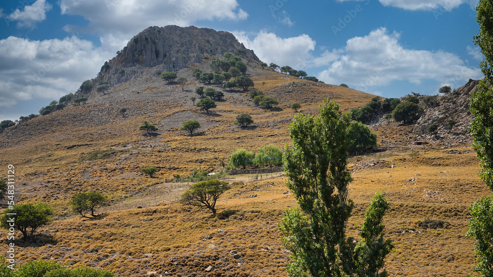 landscape of an imposing volcanic mountain and sky cloud with various trees on the slope of the valley, Imbros Island, Gokceada, Canakkale Turkey