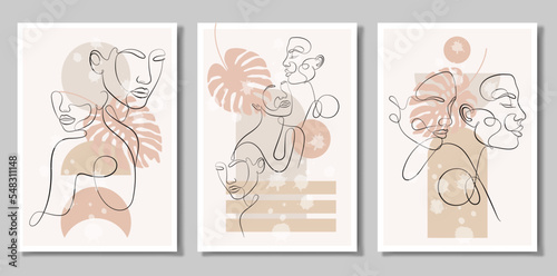 A set of three paintings. Vector portrait in a minimalist style. Geometric shapes, leaves, female portrait. Hand-drawn abstract female print. Used for social media stories.